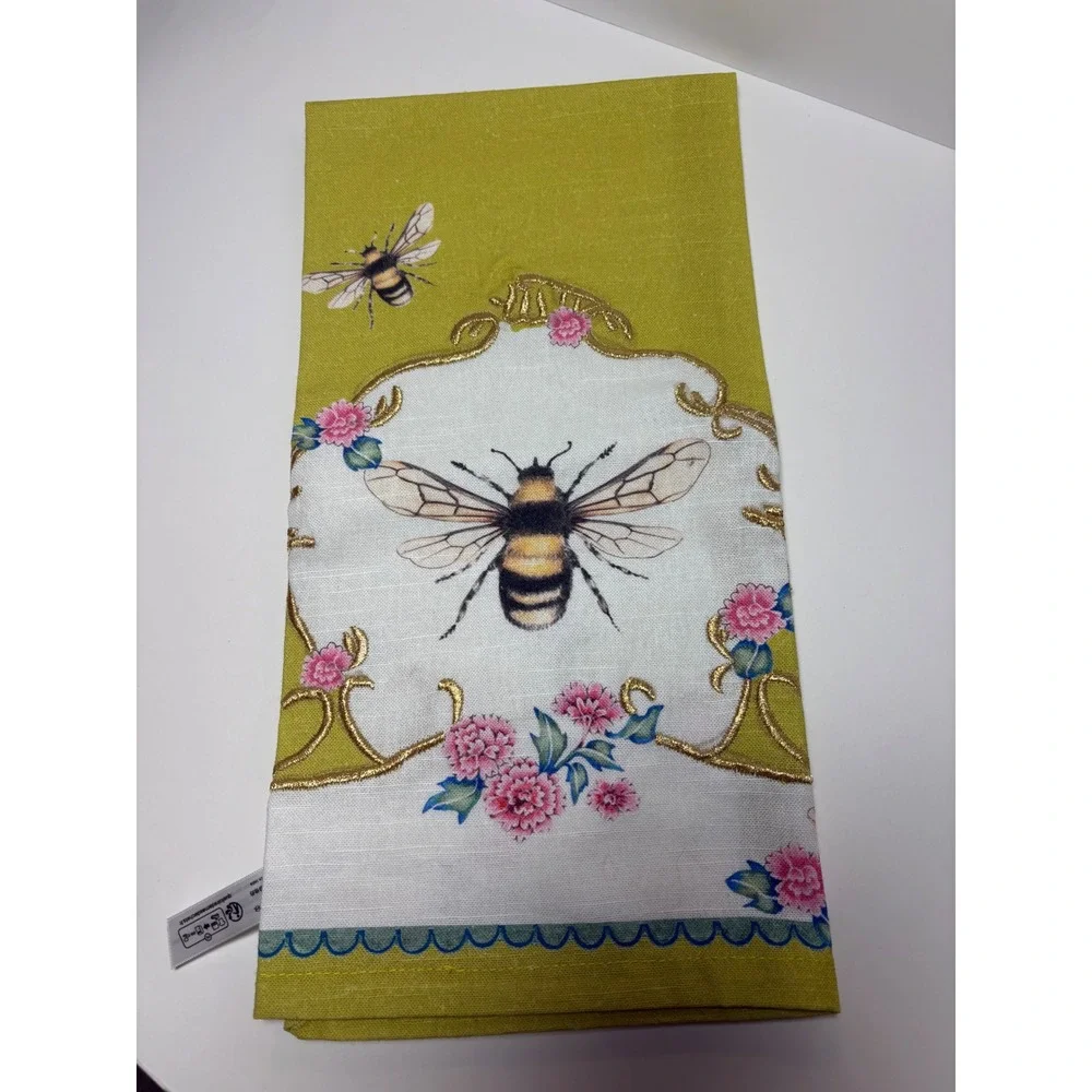 Anthropologie Bee Floral Dish Towel Green White Gold Embroidery New 28x21